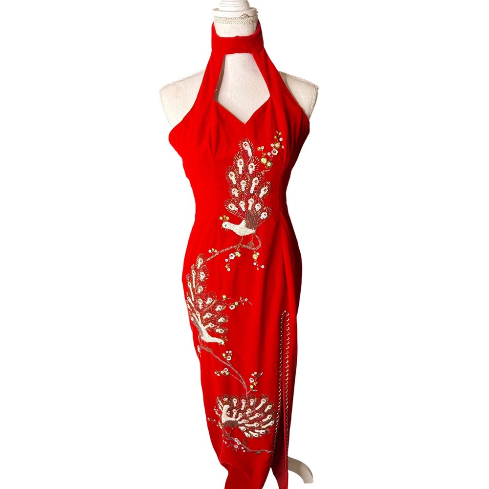 50s Red Velvet Peacock Beaded Halter Midi Dress Side Slit Formal Evening Gown